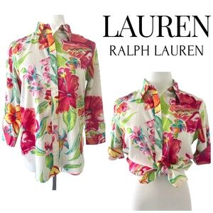 Lauren Ralph Lauren Cotton Floral 3/4 Sleeve Shirt Size M EUC